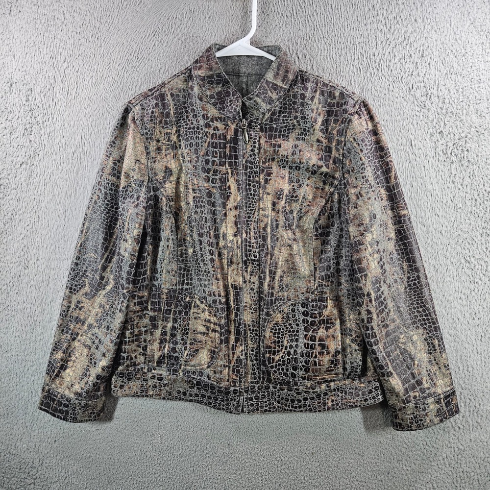 Chicos Reversible Jacket Womens 1 Medium Grey Metallic Bronze Crocodile Print
